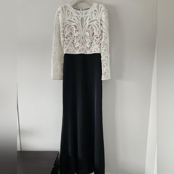 TADASHI SHOJI | CROCHET LACE & CREPE GOWN DRESS black cream sz 8 - Picture 2 of 4